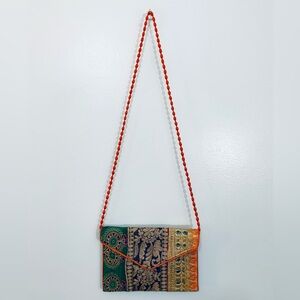 India Orange Green Gold Embroidered Clutch Crossbody Bag